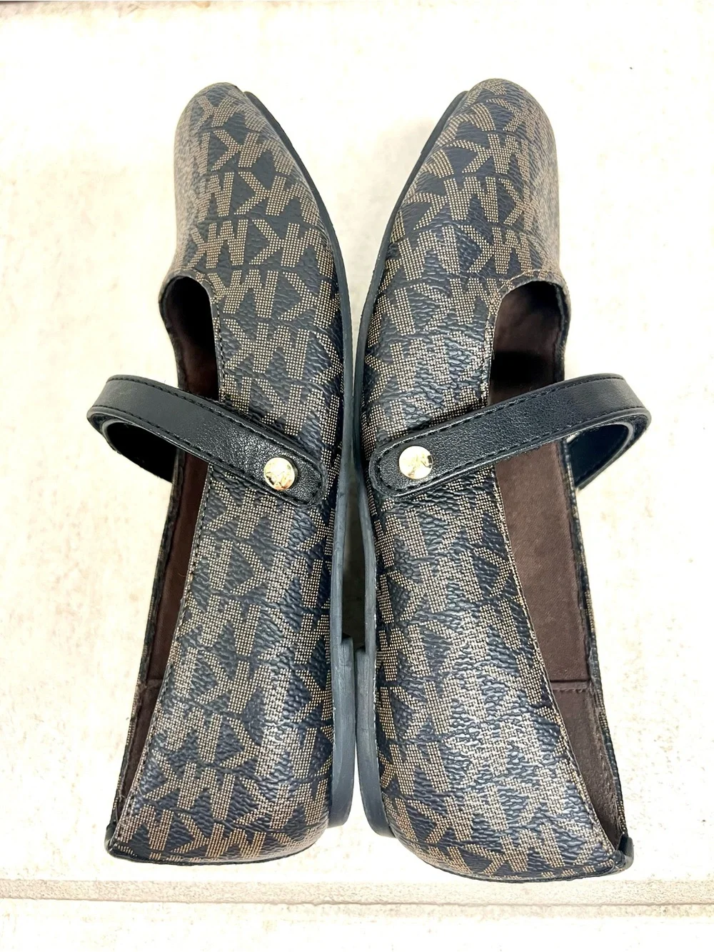 Michael Kors ballet flats brown geometric logo print buckle strap preppy girls 1